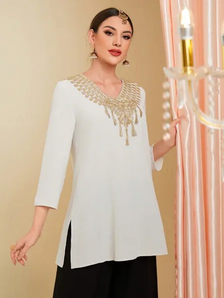 SHEIN Mulvari Женская индийская рубашка с v-образным вырезом Топ Kurta с бахромой по краю и разрезным дизайном, абрикосовый цвет
