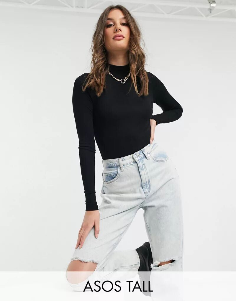 Черное боди с высоким воротником и длинными рукавами ASOS DESIGN Tall