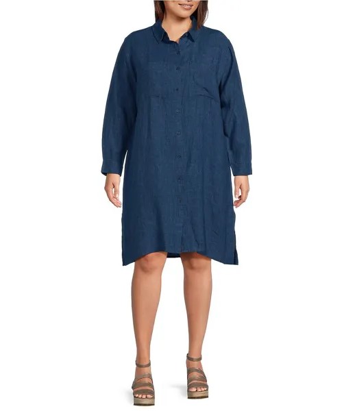Eileen Fisher Платье-рубашка больших размеров Delave из органического льна с заостренным воротником и длинными рукавами на пуговицах спереди, синий