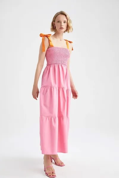 Платье макси из 100% хлопка из поплина с квадратным вырезом и бретельками DeFacto, розовый