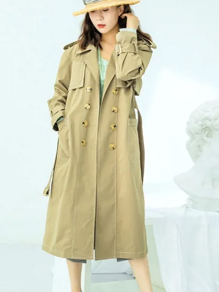 Milanoo Women Long Coat V Neck Buttons Long Sleeves Casual Stretch Khaki Outerwear Maxi Coat