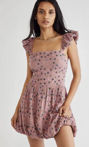 FREE PEOPLE Dizzy Ditsy Мини-платье с цветочной вышивкой и рюшами на рукавах, милый размер XS