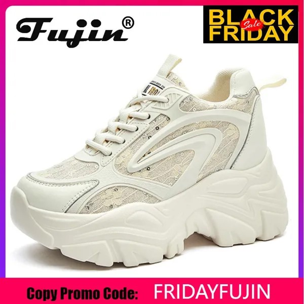 Fujin 8 см Натуральная кожа супер толстая подошва платформа Женская обувь на танкетке массивные кроссовки на скрытом каблуке дышащая повседне...