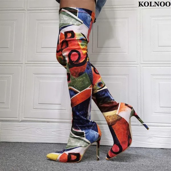 Женские Классические сапоги-ботфорты Kolnoo ручной работы на высоком каблуке, разноцветные эластичные кожаные сапоги до бедра, модная зимняя обувь