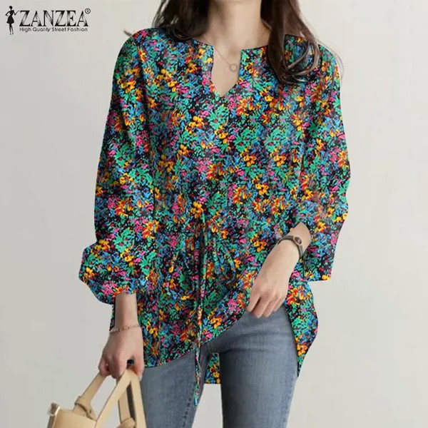 ZANZEA Женщины V-образный вырез Блузка с длинным рукавом Топы Летняя мода Цветочная принт футболка