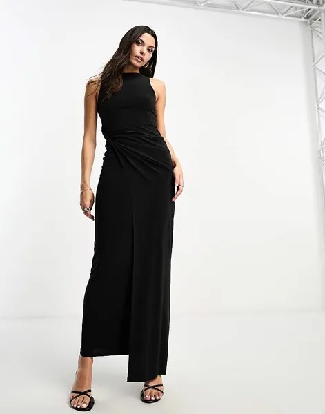 Черное платье макси с драпированным вырезом-лодочкой ASOS DESIGN