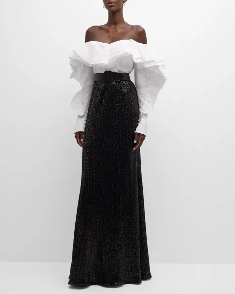 Платье-рубашка с открытыми плечами и оборками и пайетками Badgley Mischka, цвет Black White