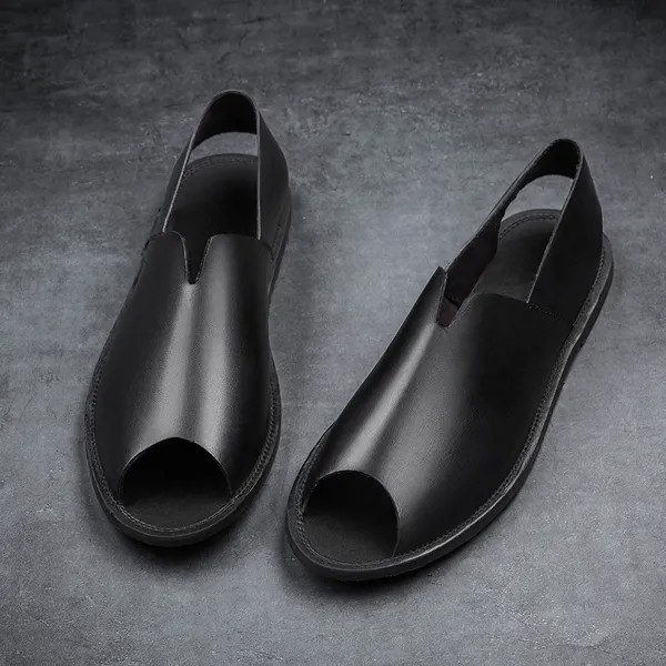 Сандалии мужские однотонные, мягкая подошва, открытый носок, плоская подошва, повседневная обувь, Черные слипоны, новый дизайн