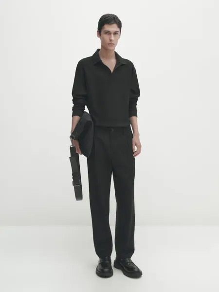 Рубашка-Поло из фактурного смесового хлопка Massimo Dutti, черный
