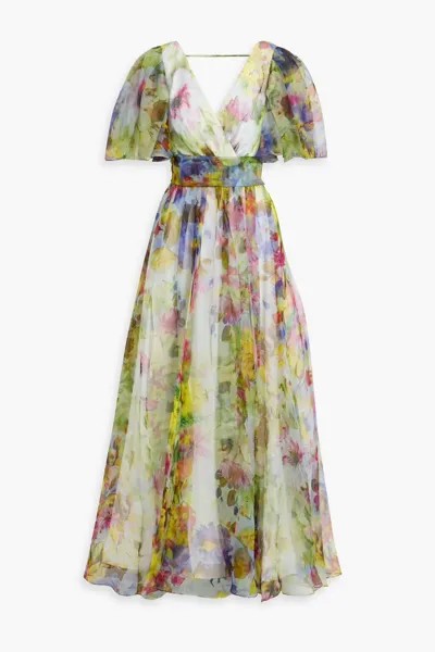 Платье макси из шелковой органзы с цветочным принтом и запахом Badgley Mischka, цвет Leaf green