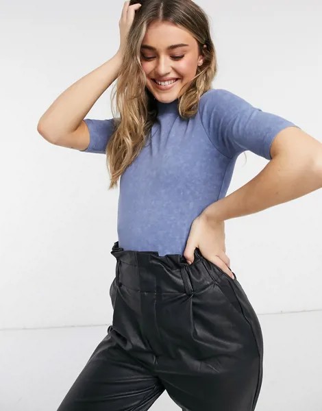 Боди выбеленного синего цвета с высоким воротом и рукавами до локтя ASOS DESIGN-Синий