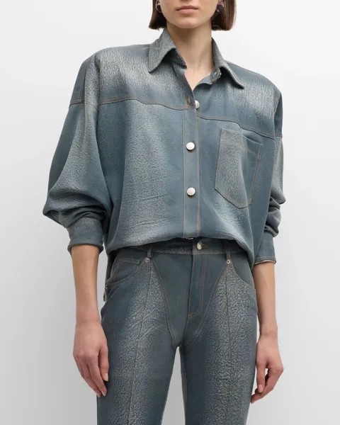 Кожаная рубашка оверсайз на пуговицах с джинсовым принтом LaQuan Smith, цвет Washed Denim