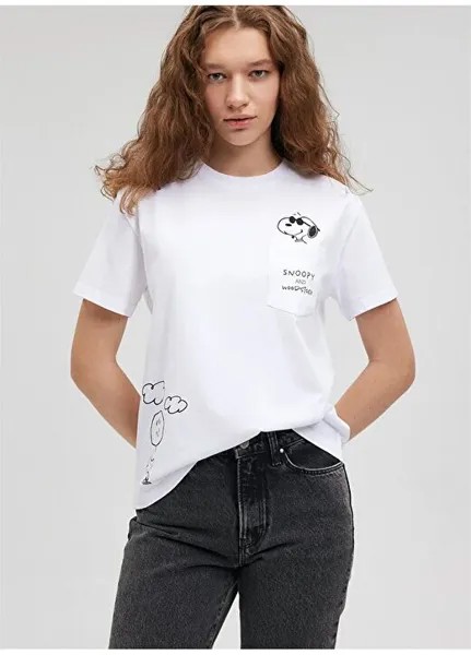 Белая женская футболка с круглым вырезом M1612482-620-ФУТБОЛКА С ПРИНТОМ SNOOPY Mavi, белый