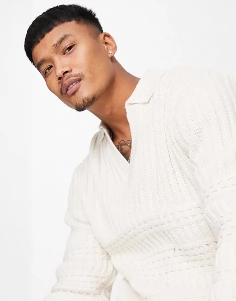 Кремовый джемпер-поло в стиле oversized с узором «косы» ASOS DESIGN-Коричневый цвет
