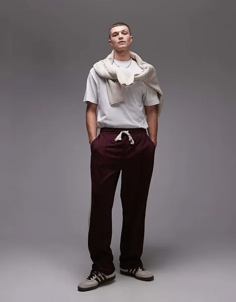 Бордовые джоггеры прямого кроя с полосками по бокам Topman