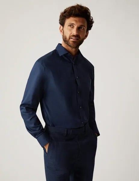 Рубашка обычного кроя из чистого хлопка без глажки Marks & Spencer, темно-синий