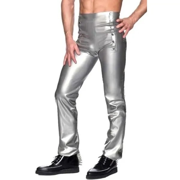 Серебряные сексуальные латексные леггинсы с передними пуговицами, резиновые брюки, джинсы, брюки для мужчин