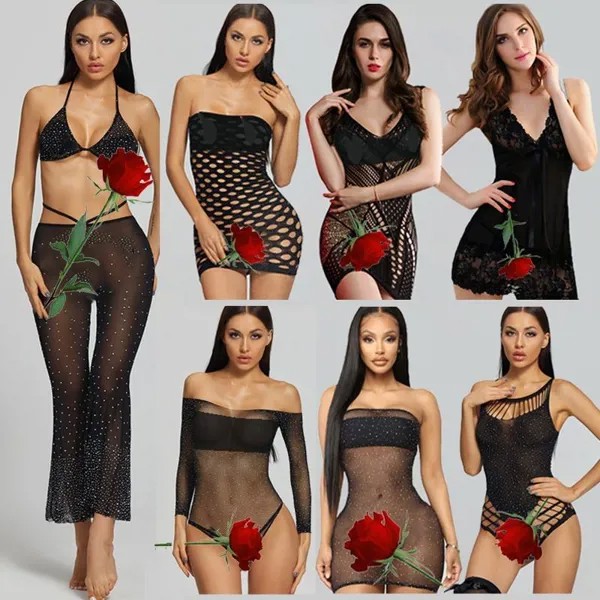 7 стилей Женщины Цельное хрустальное белье Halter See-Through Боди Кружева Чулки Ажурные чулки Нижнее белье Униформа