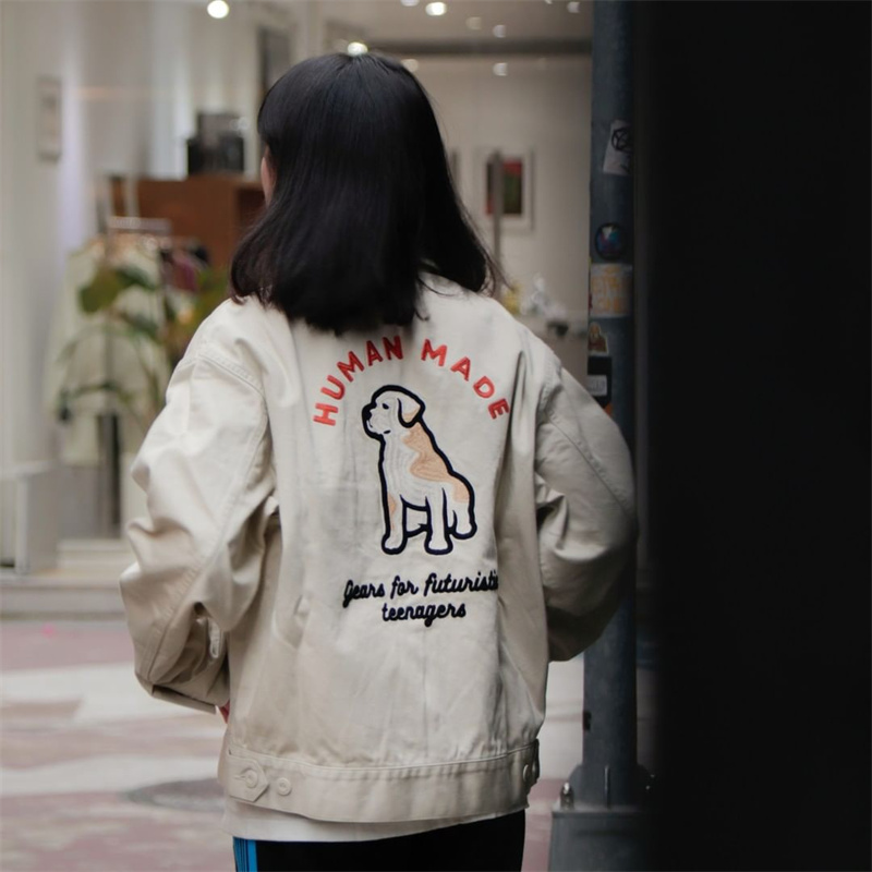 HUMAN MADE   Рабочая куртка из натуральной кожи для мужчин и женщин, комбинезон с вышивкой круглой собаки, 22ss
