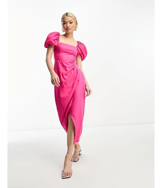 Розовое платье миди с запахом и корсетом из смесового льна & Other Stories