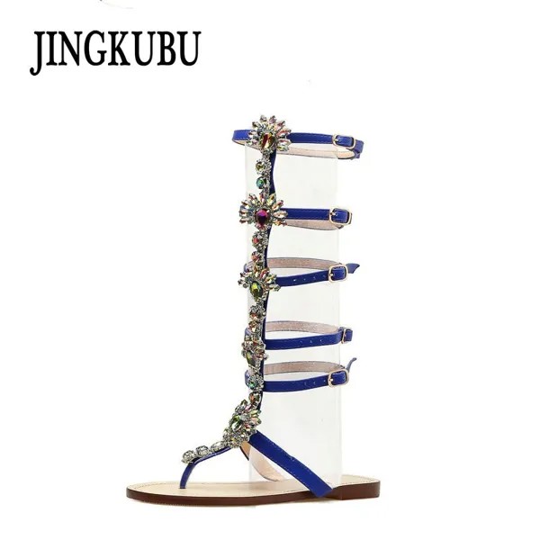 JINGKUBU 2018 летние сандалии на плоской подошве гладиаторы золотые стразы женские сапоги с ремешком и пряжкой в богемном стиле пляжная обувь с кристаллами