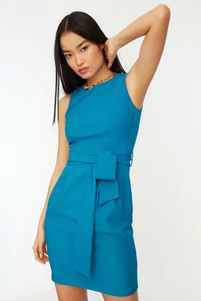 Мини-платье цвета индиго с поясом Trendyol, темно-синий