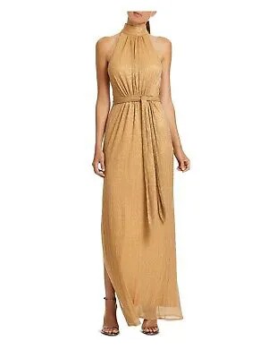 HALSTON Женское золотое мерцающее вечернее платье-футляр без рукавов с золотым поясом 4