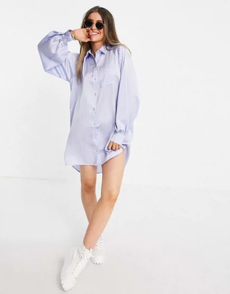 Голубое платье-рубашка в полоску в стиле oversized с удлиненным краем Lola May-Голубой