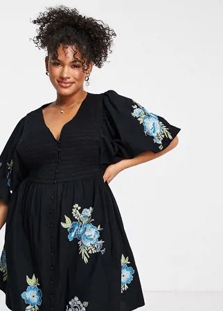 Черное платье мини из хлопкового поплина с присборенным лифом и вышивкой ASOS DESIGN Curve-Черный цвет
