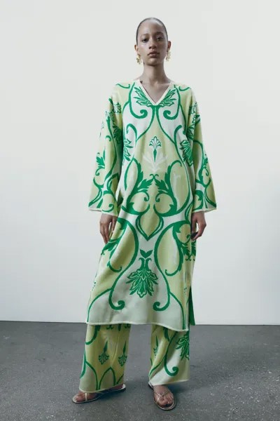 Платье-туника из жаккардового трикотажа ZARA, зеленый