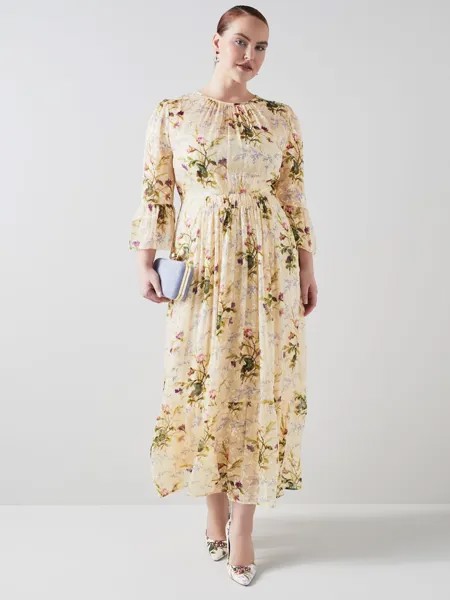 LKBennett Royal Ascot x LKB Lourdes Meadow Scene Платье макси Devoré из смесового шелка, кремовый/разноцветный