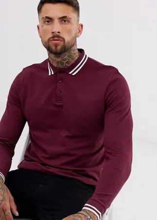 Бордовый лонгслив-поло из пике с окантовкой ASOS DESIGN-Красный