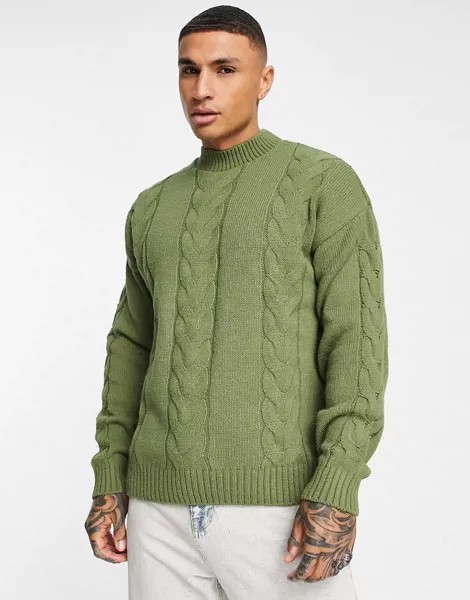 Вязаный oversized-джемпер цвета хаки с узором «косы» ASOS DESIGN-Зеленый цвет