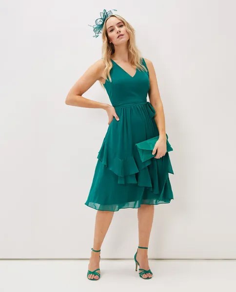 Зеленое платье миди без рукавов с рюшами Phase Eight, зеленый