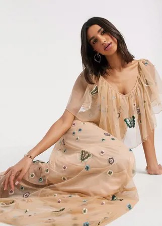 Розовое сетчатое платье макси с открытыми плечами и отделкой Frock & Frill-Розовый