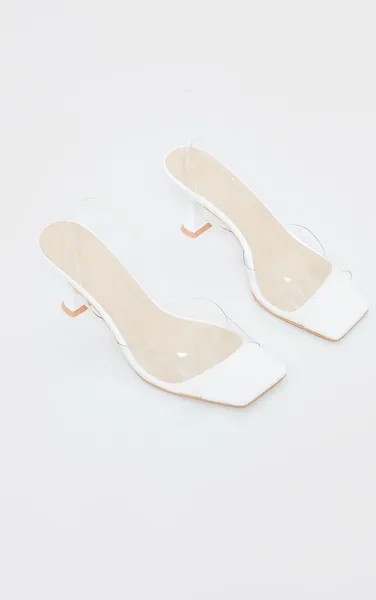 PrettyLittleThing Белые низкие босоножки на каблуке с квадратным носком и прозрачным ремешком-стойкой