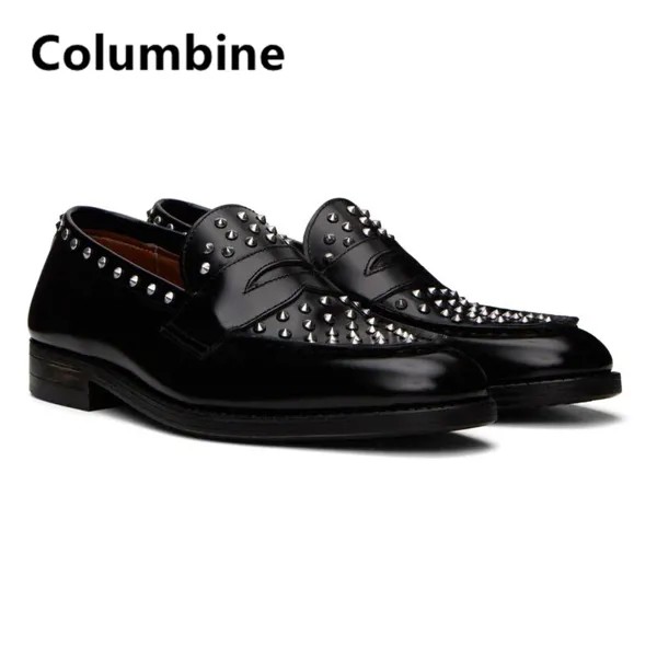 Черные мужские туфли ручной работы, модная новая модель, блестящие туфли с шипами, серебряные блестящие лоферы, обувь для подиума, блестящая...