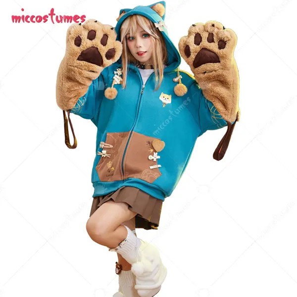 Женский пуловер Gorou, толстовка со съемной сумкой, дизайнерские меховые перчатки в виде лап Genshin, Kawaii, толстовка на молнии с ушками собаки