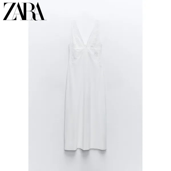 Новинка лета ZARA Женское платье миди из поплина TRF с цветочным кружевом и декором 7521309 250, цвет Белый