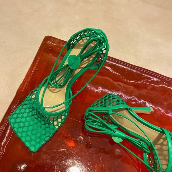 Сандалии женские с квадратным носком, модные сетчатые пикантные босоножки на высоком каблуке, цвет зеленый, телесный