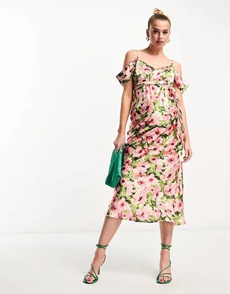 Атласное платье мидакси с открытыми плечами Hope & Ivy Maternity розового цвета с цветочным принтом