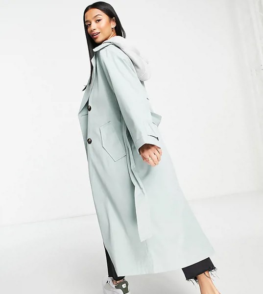 Тренч цвета хаки с трикотажным капюшоном ASOS DESIGN Petite-Зеленый цвет