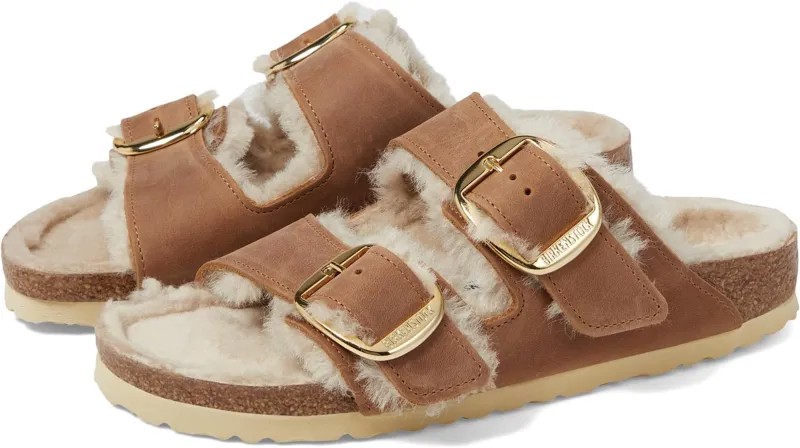 Сандалии на плоской подошве Arizona Big Buckle Shearling Birkenstock, цвет Cognac/Sandcastle