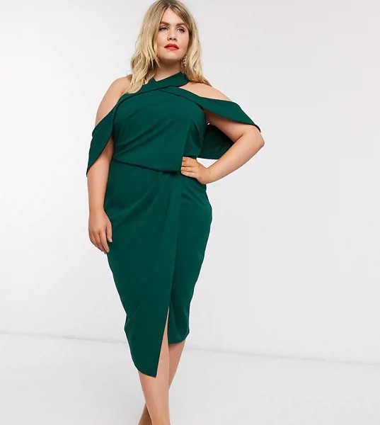 Облегающее платье миди с драпировкой и завязкой на шее ASOS DESIGN Curve-Зеленый