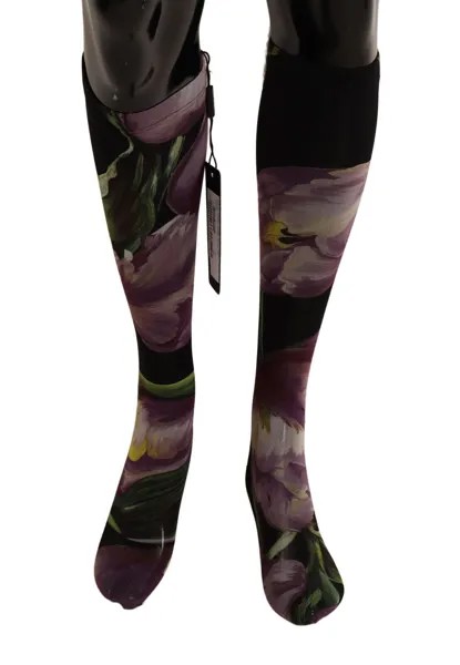 DOLCE - GABBANA Носки Нейлоновые черные чулки до колена с цветочным принтом s. Рекомендованная розничная цена: 220 долларов США.
