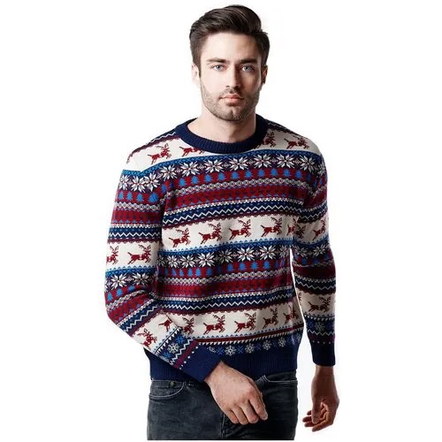 Шерстяной свитер, классический скандинавский орнамент, паттерн Олени и снежинки, натуральная шерсть, синий, красный, белый цвет, размер M
