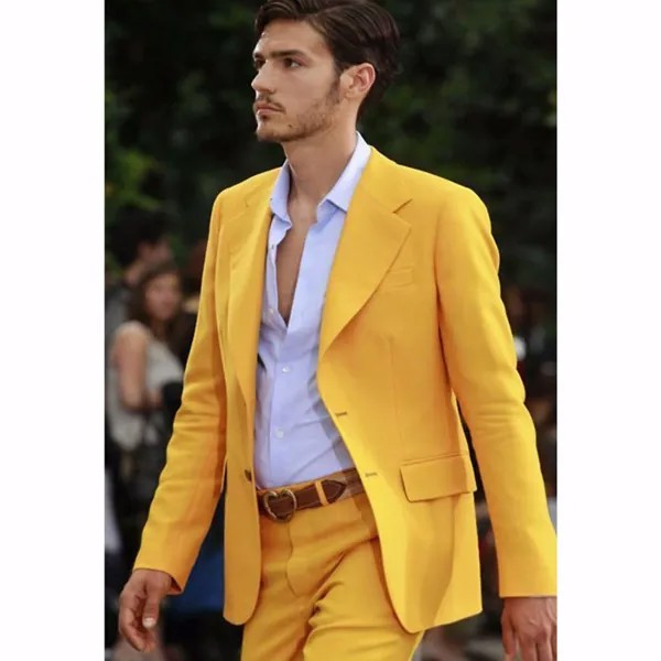 Желтый цвет, яркий облегающий свадебный смокинг для певицы, с отложным воротником, 2 шт., модный костюм для жениха, 2023