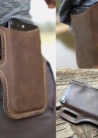 Мужчины Натуральная Кожа 7.2 дюймов Короткий сотовый телефон EDC Retro Чехол Ремень Сумка