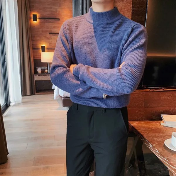 Однотонный мужской свитер с воротником «хомут» на осень и зиму, Классические повседневные облегающие вязаные пуловеры, деловая Модная трик...
