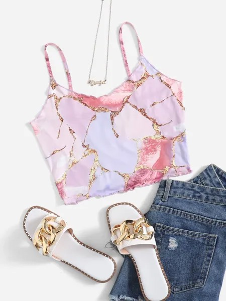 SHEIN EZwear однобортная рубашка, волнистый край, мраморный узор, многоцветный
